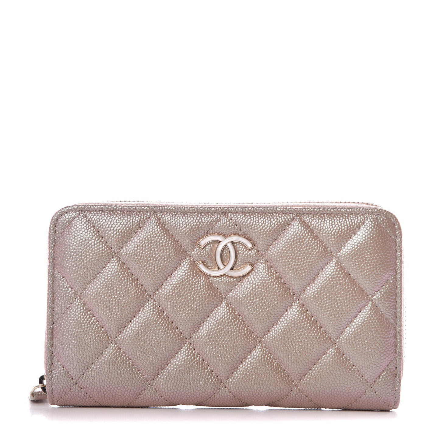 Iridescent Caviar Quilted Medium Zip Around Wallet Beige