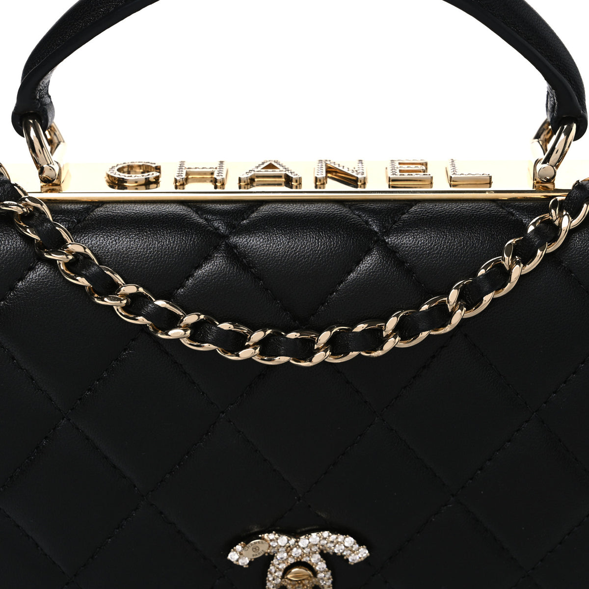 Lambskin Crystal Quilted Trendy CC Top Handle WOC Flap Bag Black