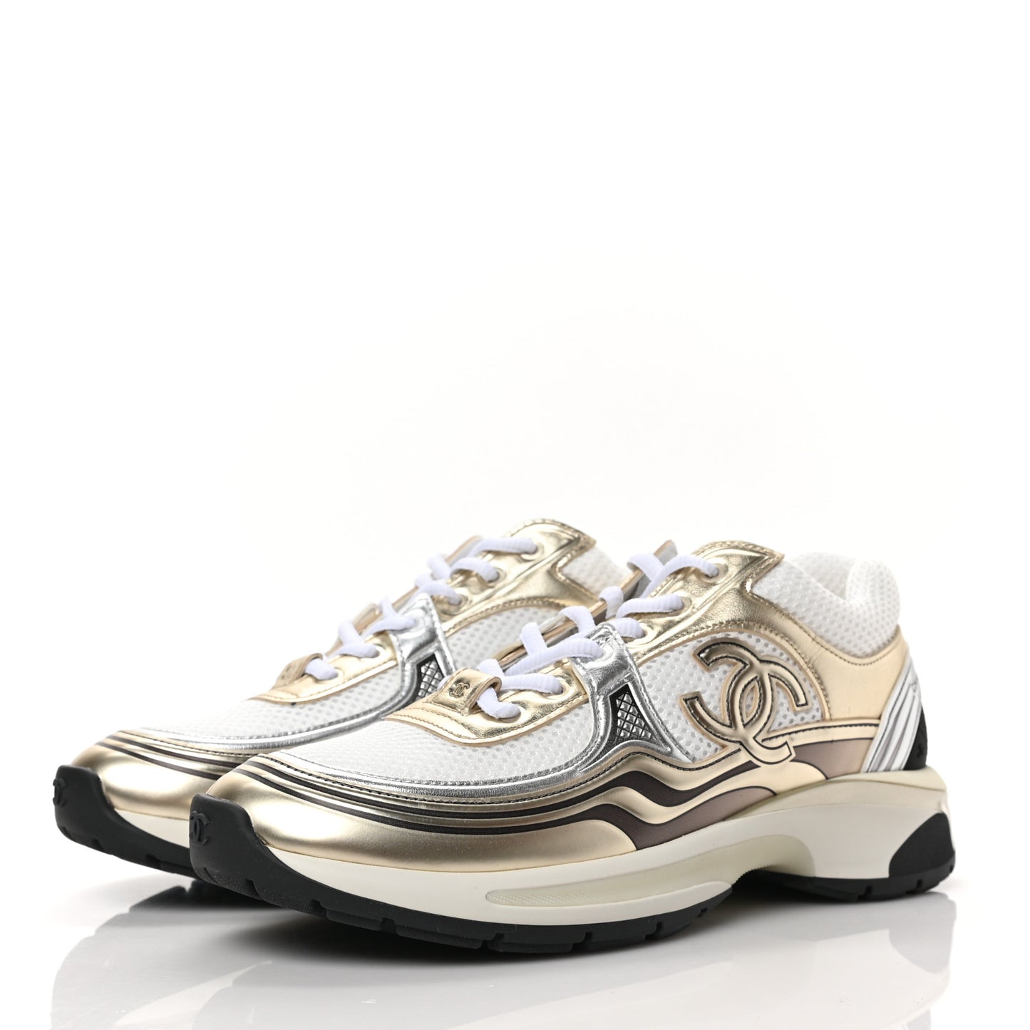 Fabric Laminated Calfskin Stretch CC Sneakers 39 White Gold Silver