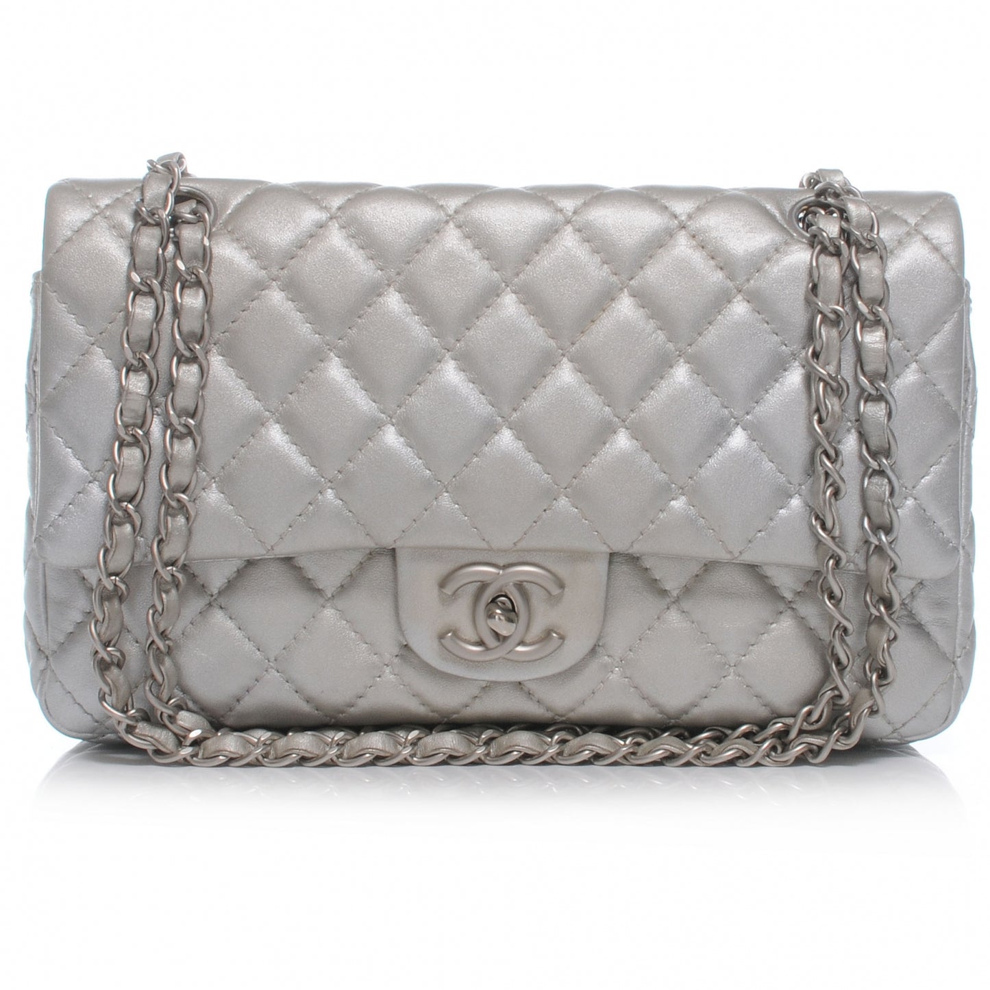 Lambskin Medium Double Flap Silver