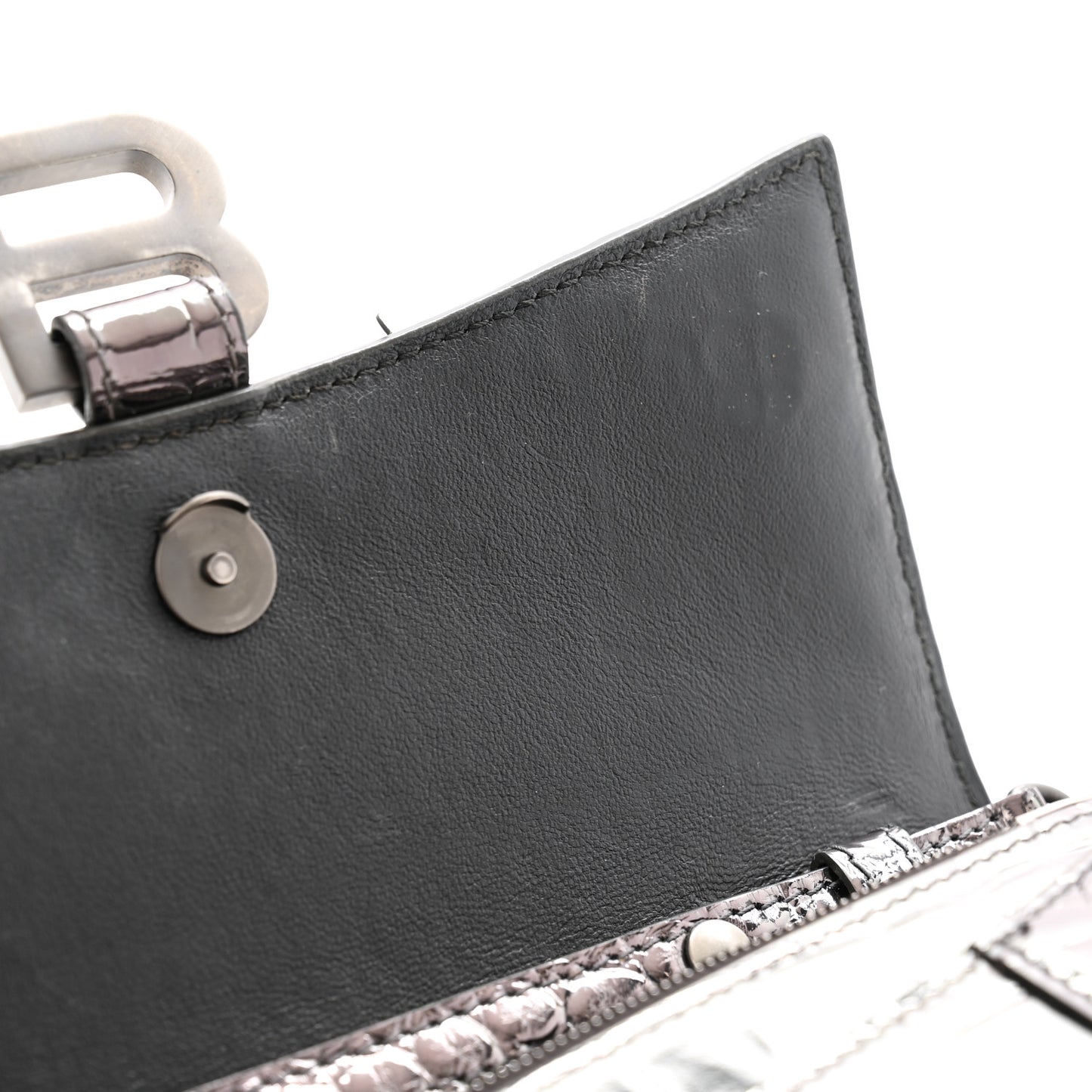 Shiny Metallic Calfskin Crocodile Embossed Hourglass Chain Bag Gunmetal