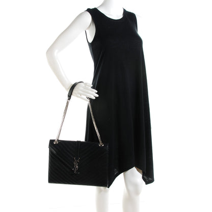 Saint Laurent Smooth Calfskin Matelasse Chevron Large Monogram Satchel Black 2 of 10