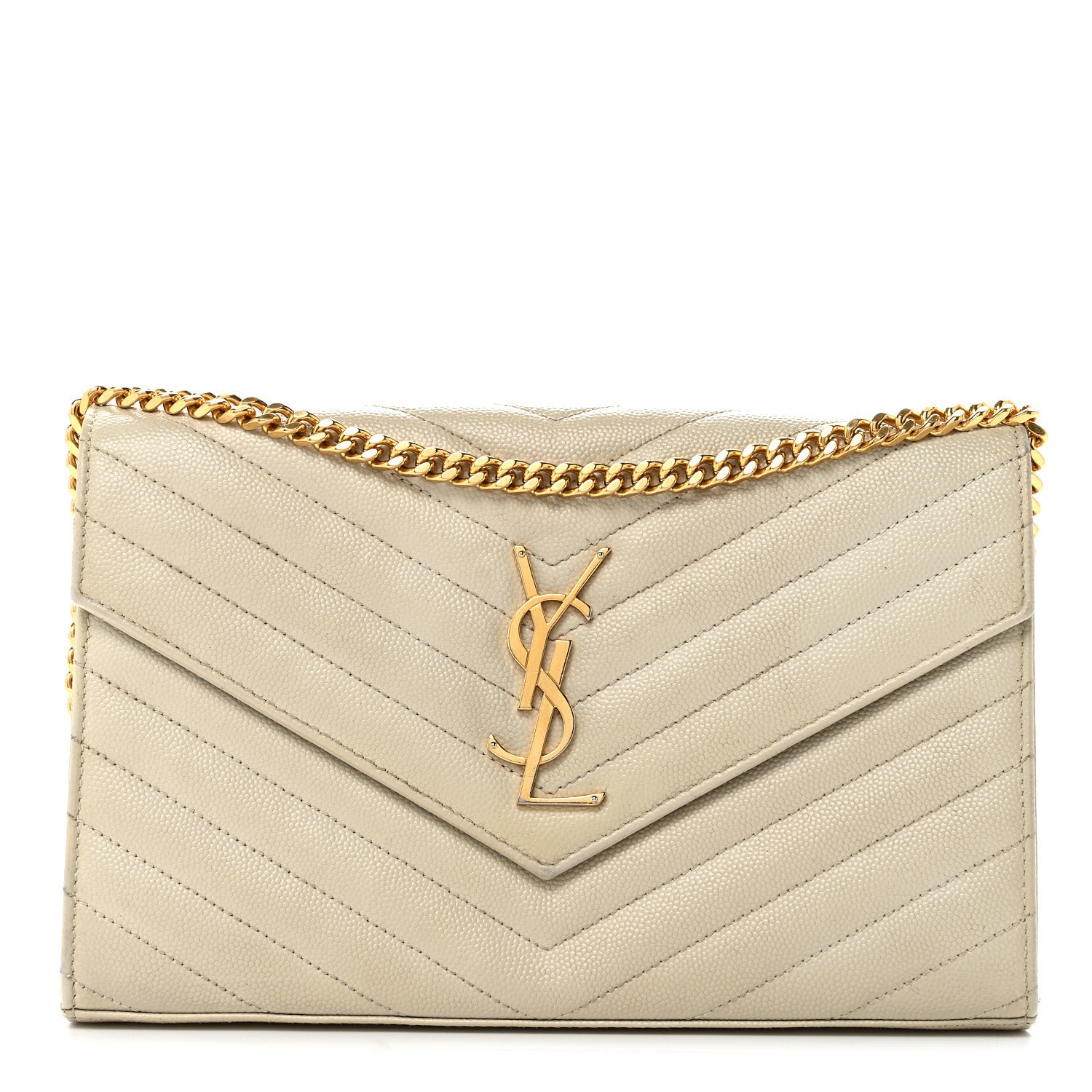 Saint Laurent Grain De Poudre Matelasse Chevron Monogram Chain Wallet Crema Soft 1 of 9