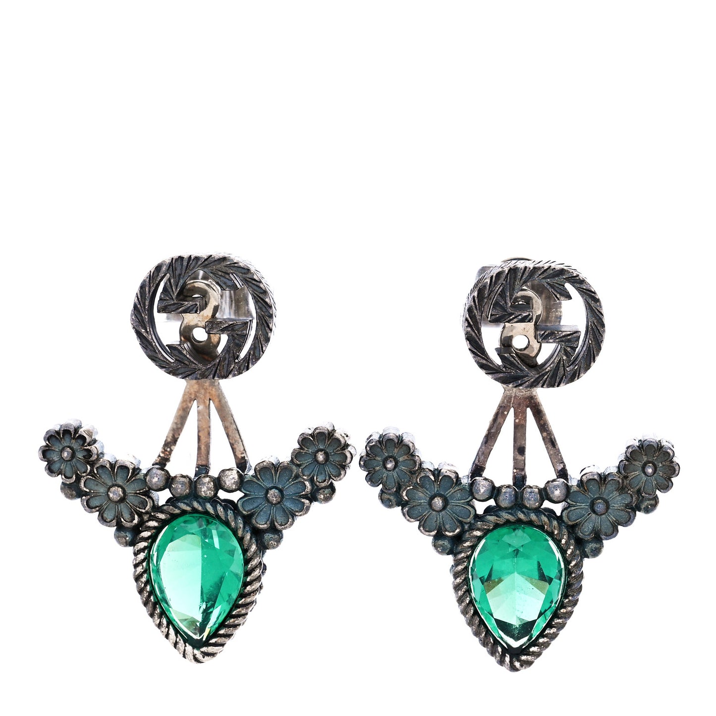 Sterling Silver Crystal Garden Interlocking G Flower Earrings Green