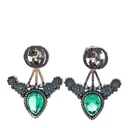 Gucci Sterling Silver Crystal Garden Interlocking G Flower Earrings Green 1 of 4