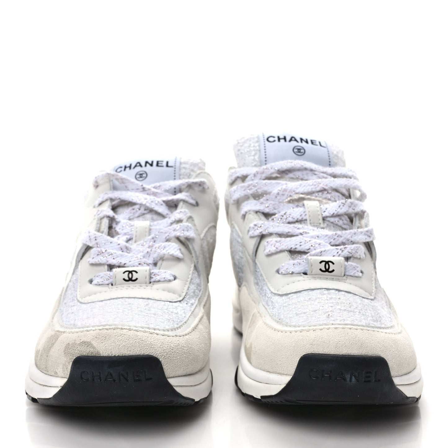 Painted Iridescent Cotton Tweed Suede Calfskin Womens CC Sneakers 38 White Silver Multicolor
