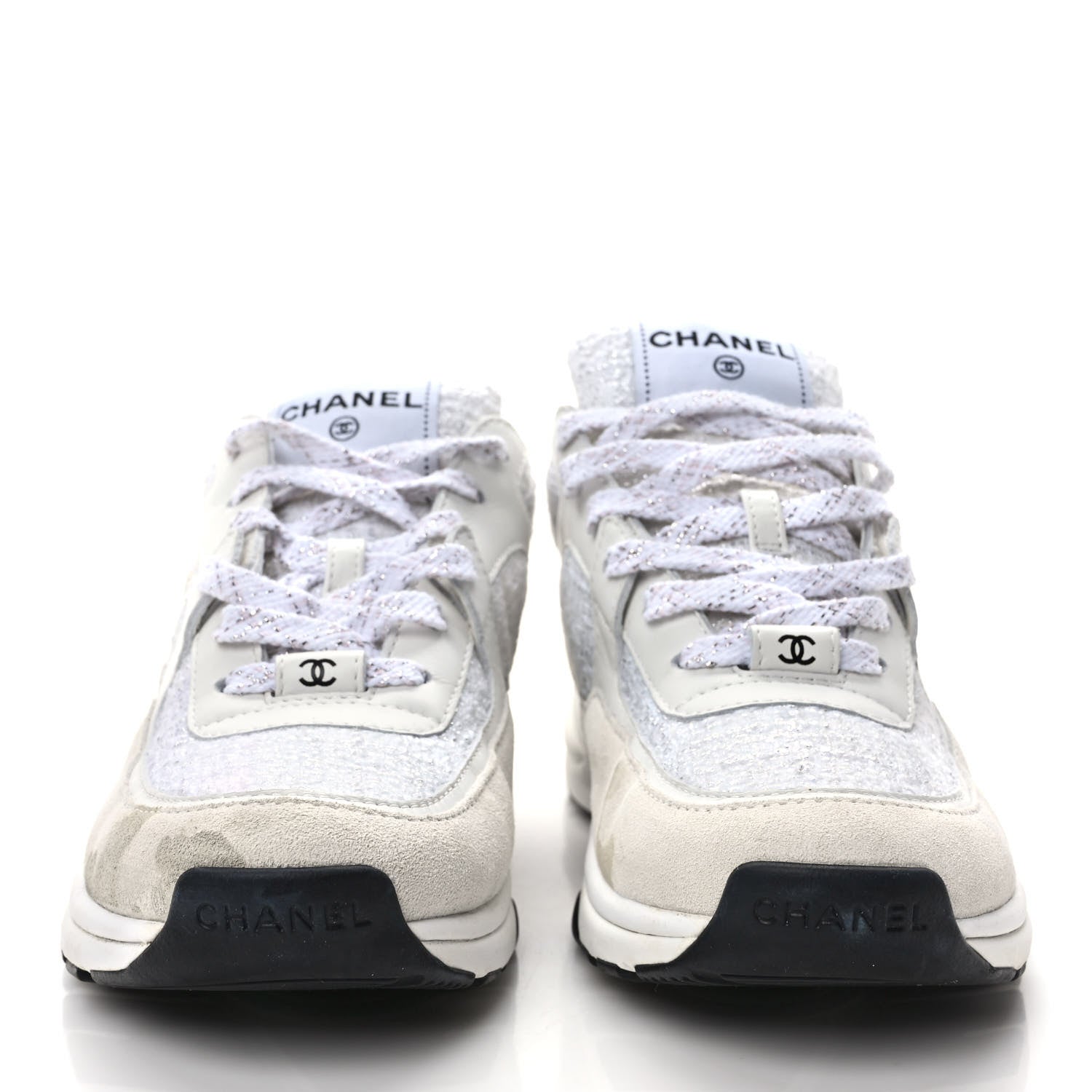 Chanel Painted Iridescent Cotton Tweed Suede Calfskin Womens CC Sneakers 38 White Silver Multicolor 2 of 11