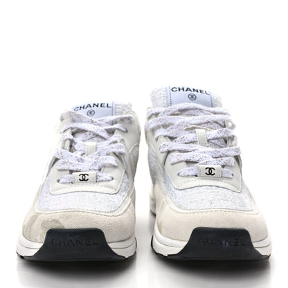 Chanel Painted Iridescent Cotton Tweed Suede Calfskin Womens CC Sneakers 38 White Silver Multicolor 2 of 11