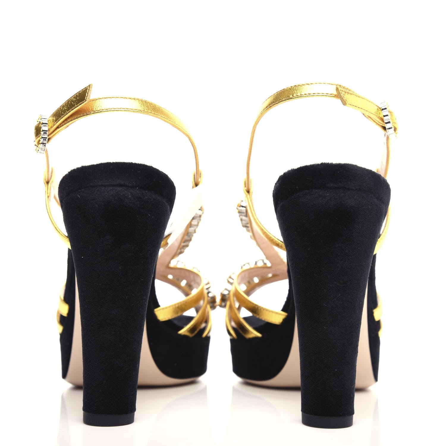 Gucci Velvet Nappa Crystal Zephyra Slingback Platform High Heel Sandals 37.5 Black Gold 7 of 10