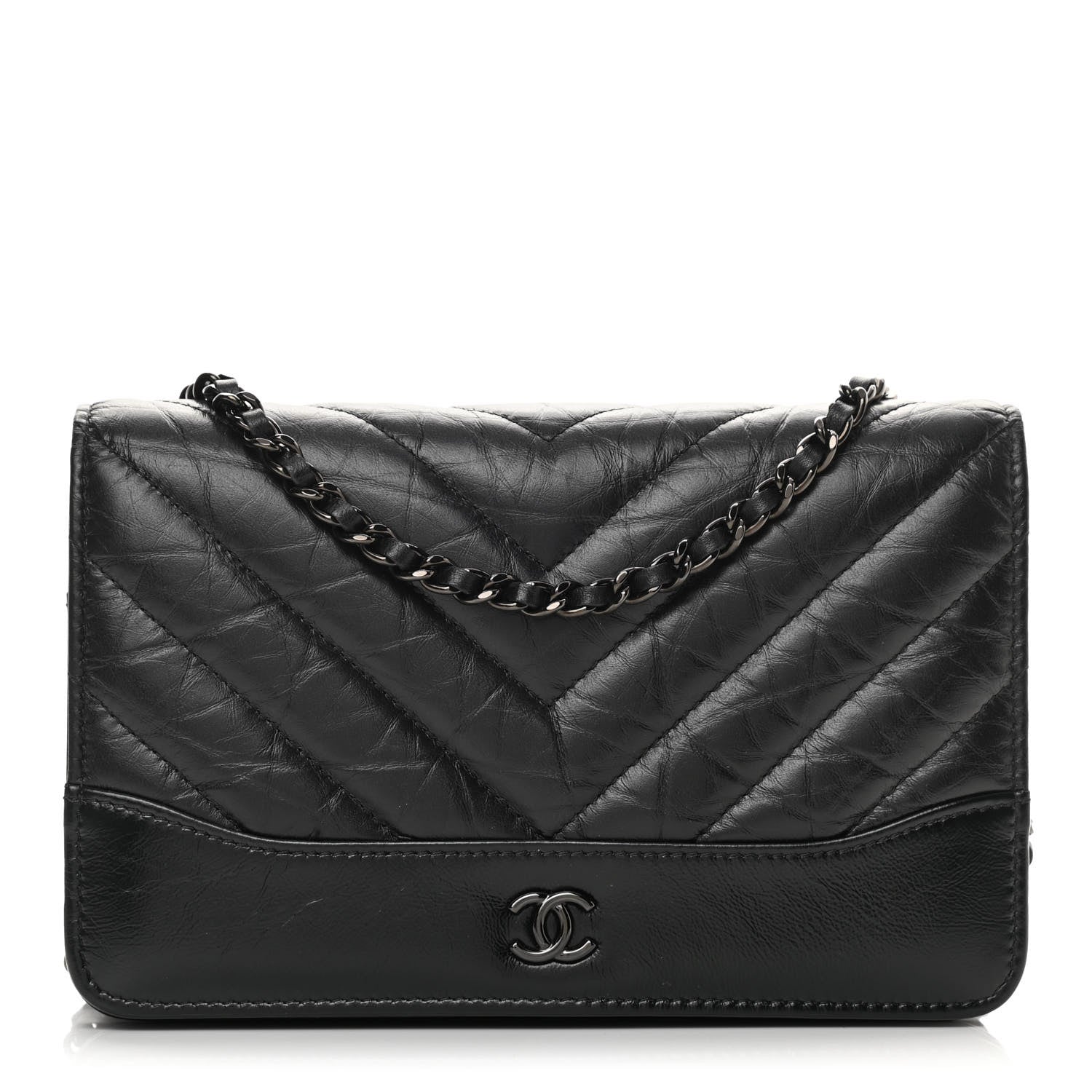 Chanel Aged Calfskin Chevron Quilted Gabrielle Wallet On Chain WOC Black 1 of 15