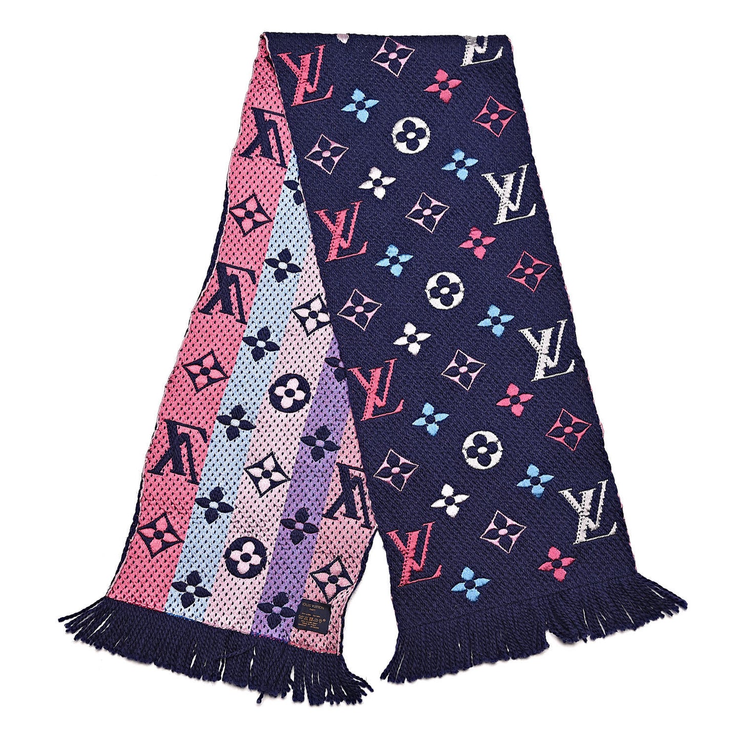Wool Silk Rainbow Logomania Scarf Navy