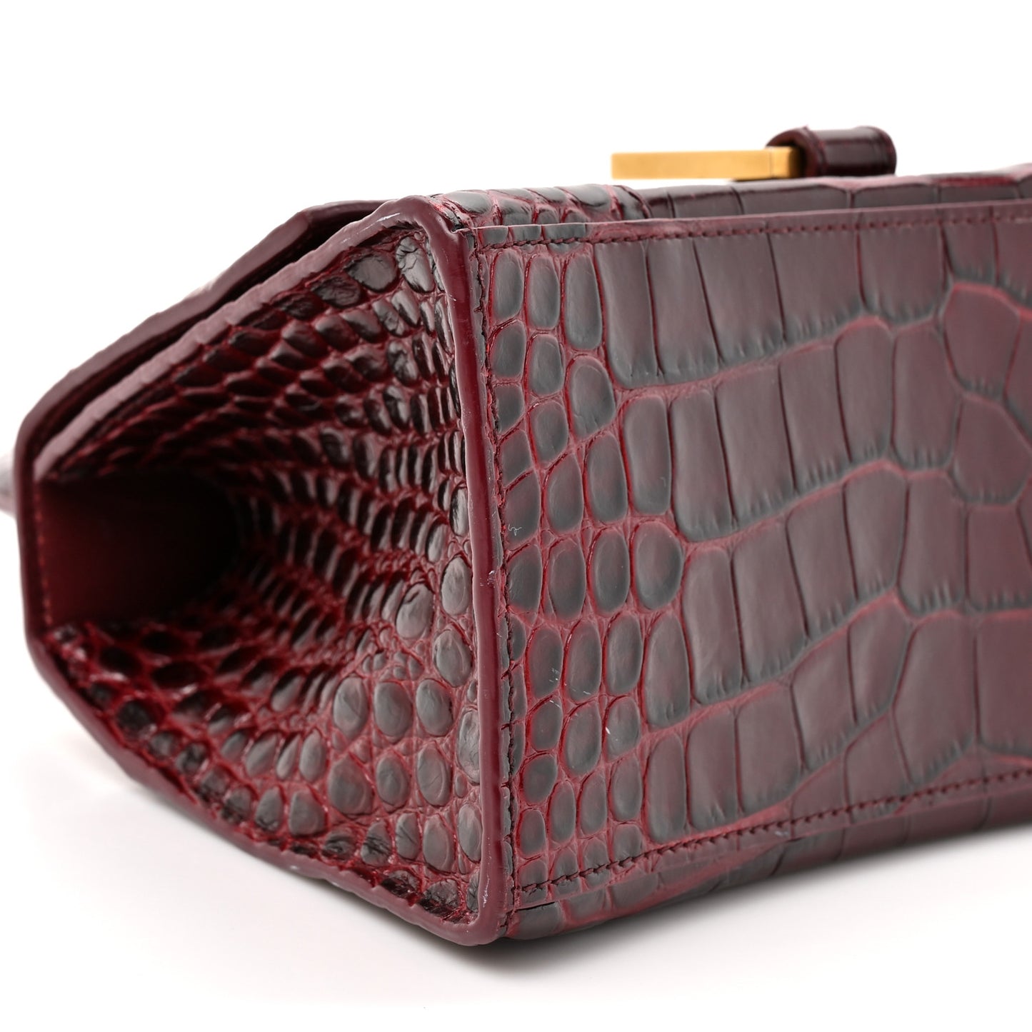 Shiny Calfskin Crocodile Embossed Small Hourglass Top Handle Bag Dark Red