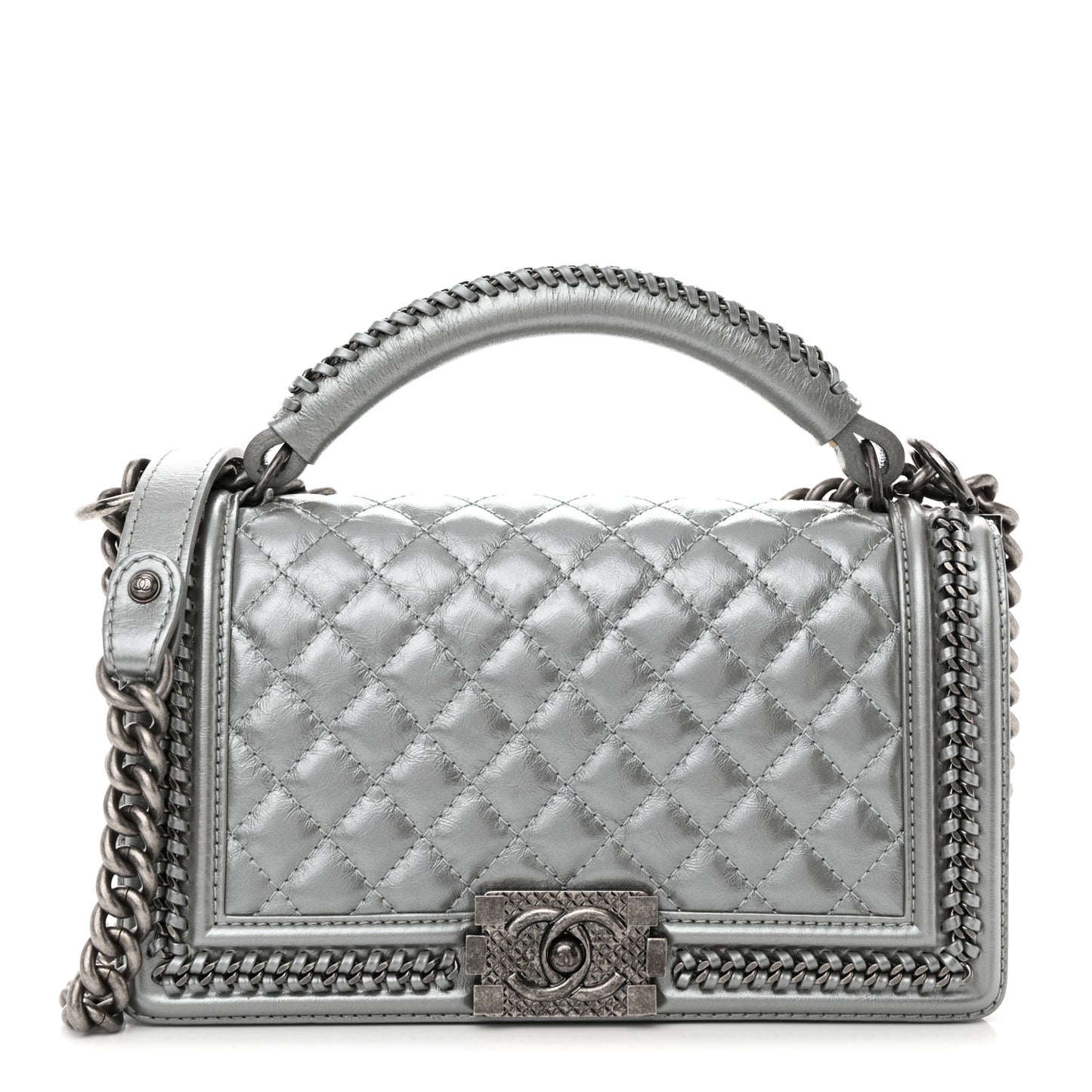 Metallic Aged Calfskin Quilted Medium Top Handle Boy Flap Silver