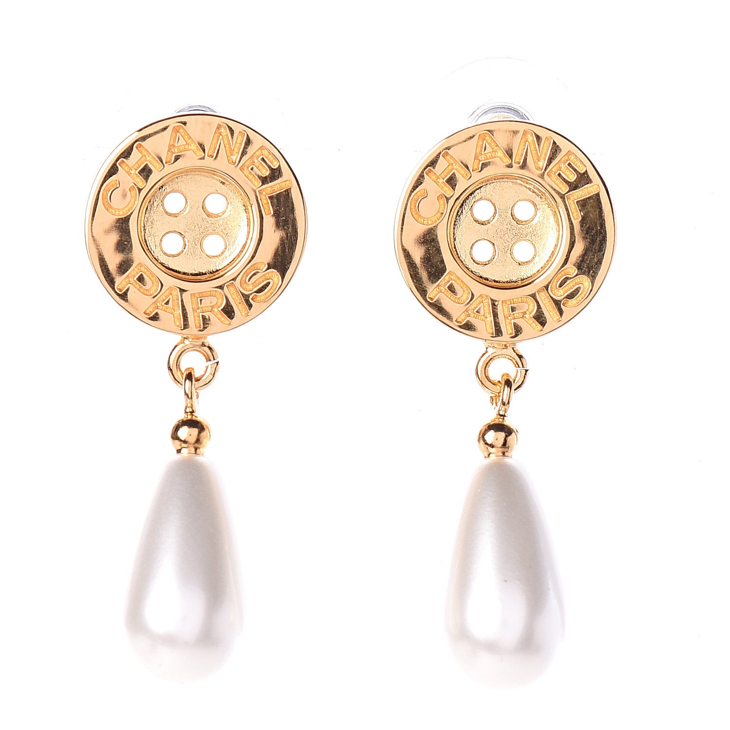 Chanel Metal Pearl Paris Button Drop Earrings Gold 1 of 4