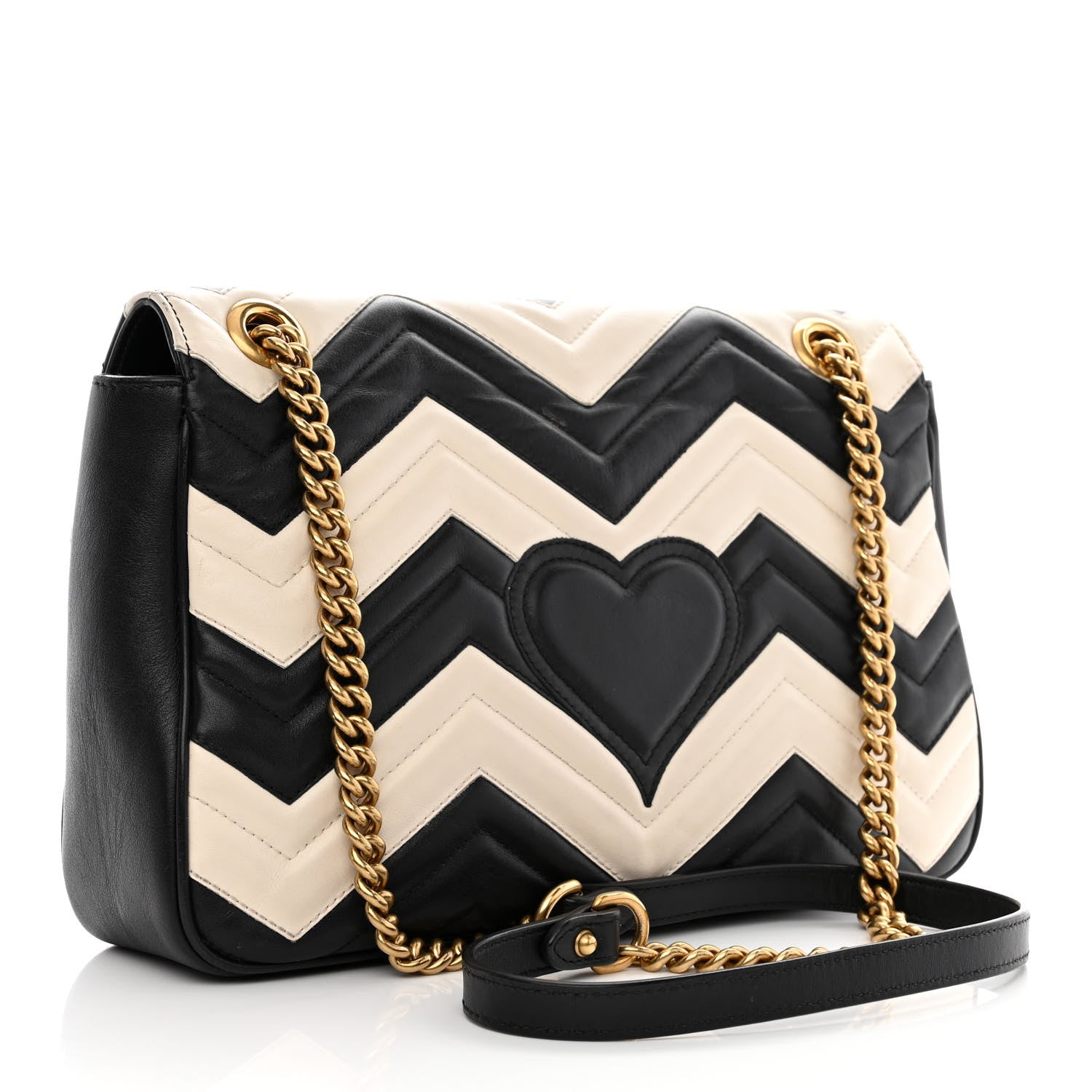 Gucci Calfskin Matelasse Medium GG Marmont Shoulder Bag Black White 3 of 15