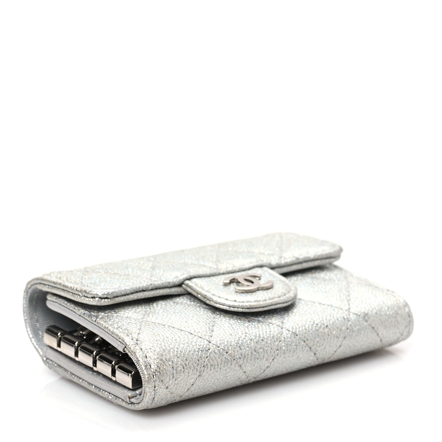 Metallic Caviar Quilted Classic 4 Key Holder Wallet Silver