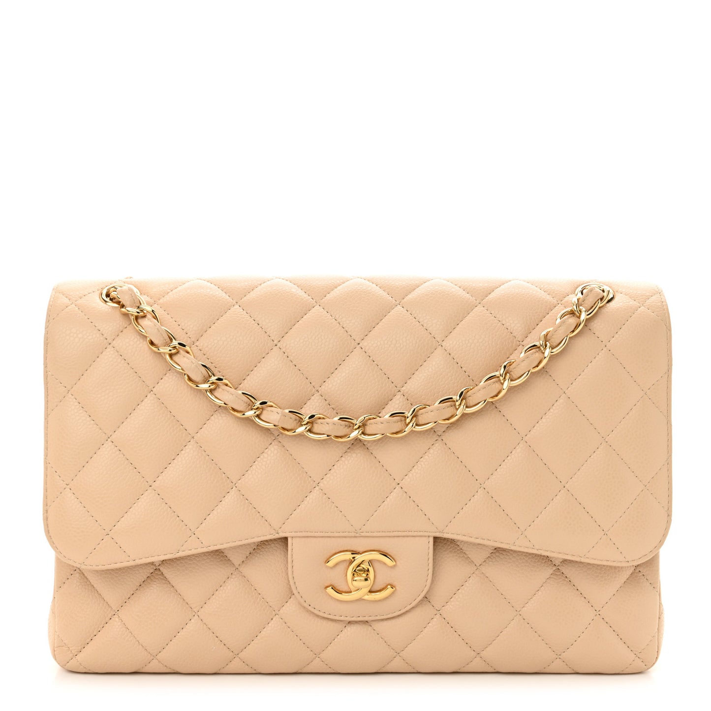 Caviar Quilted Jumbo Double Flap Beige Clair