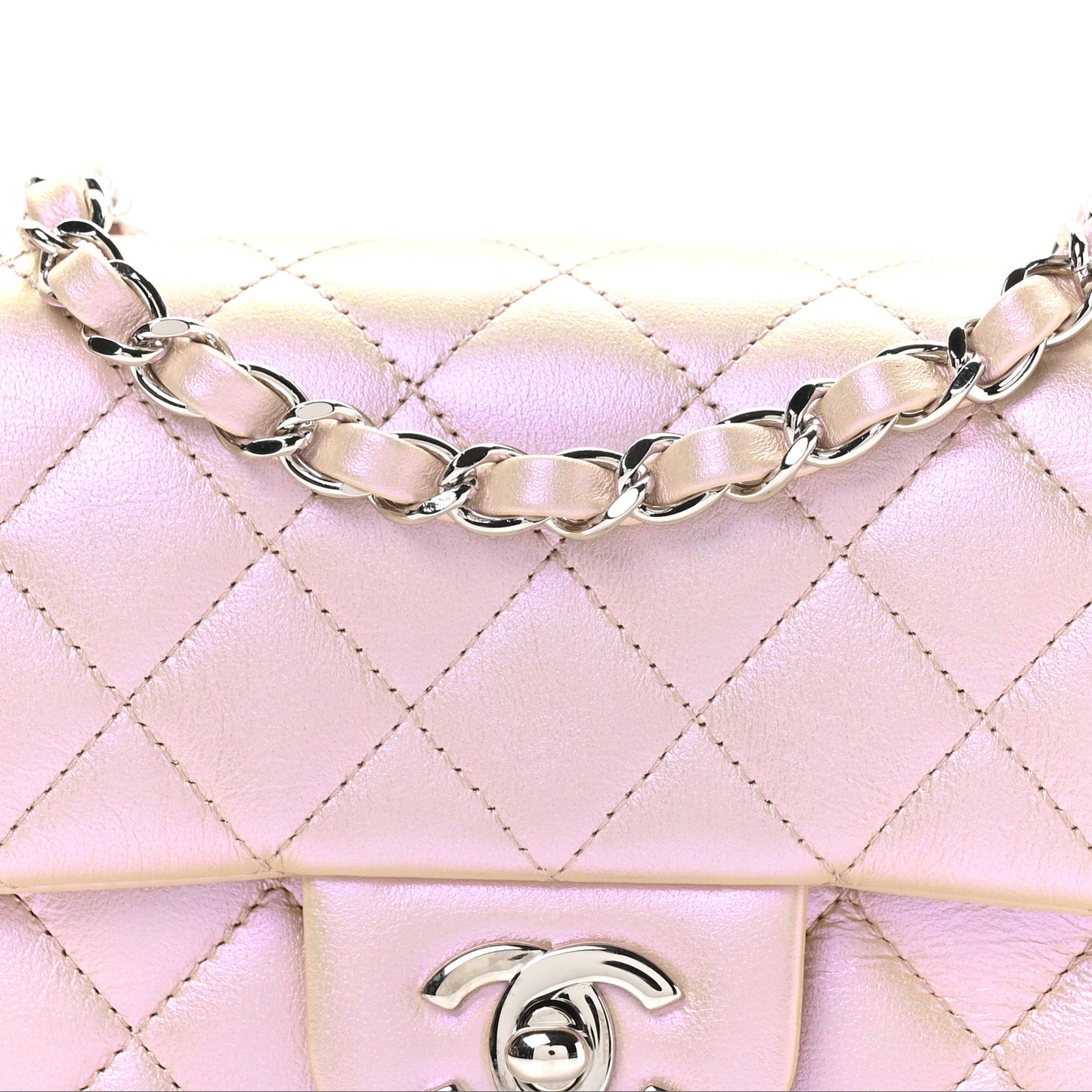 Iridescent Calfskin Quilted Mini Rectangular Flap Pink