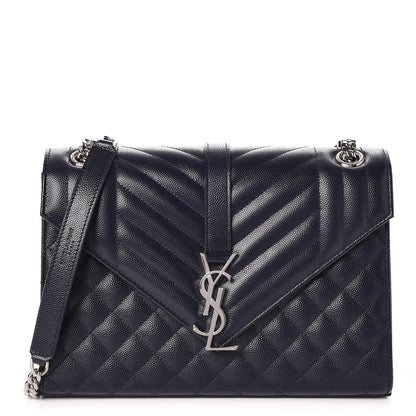 Saint Laurent Grain De Poudre Textured Mixed Matelasse Triquilt Medium Monogram Satchel Deep Marine 1 of 7