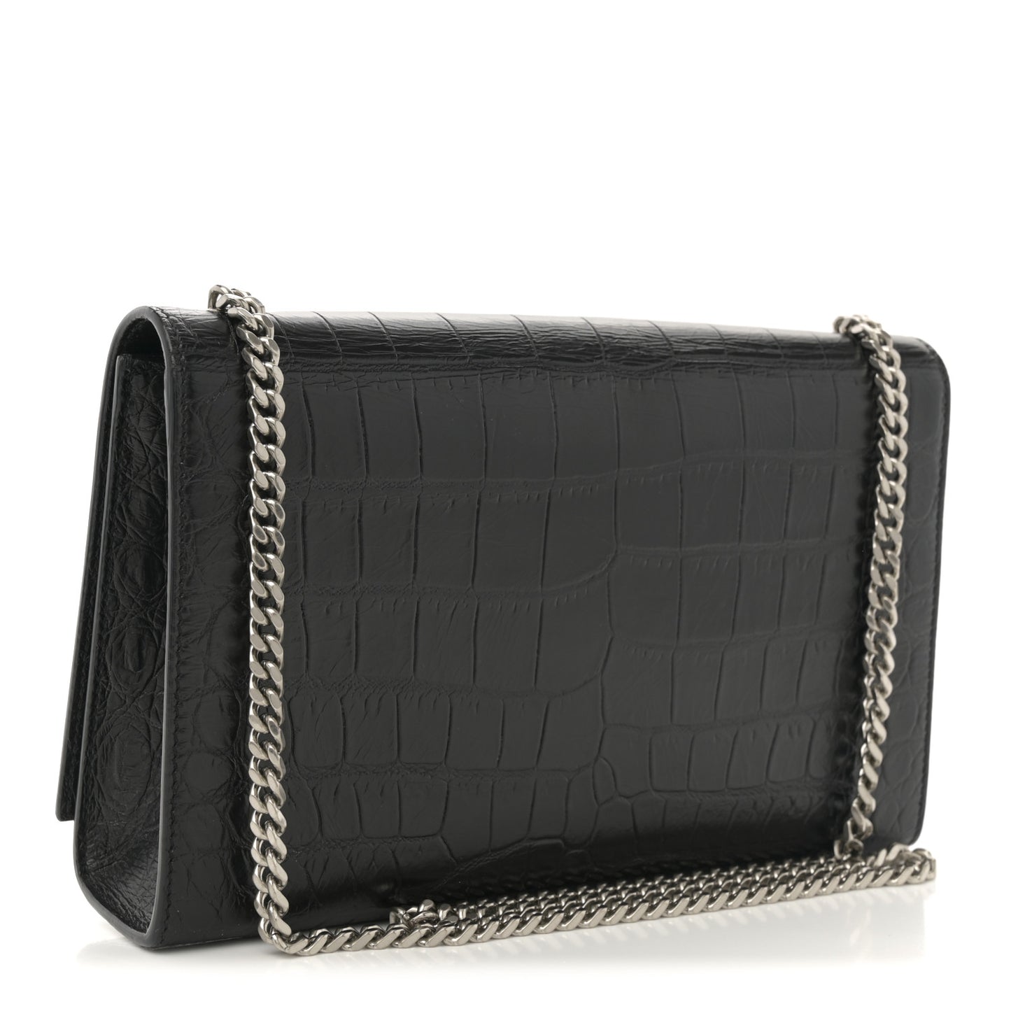 Calfskin Crocodile Embossed Medium Classic Monogram Kate Tassel Satchel Black
