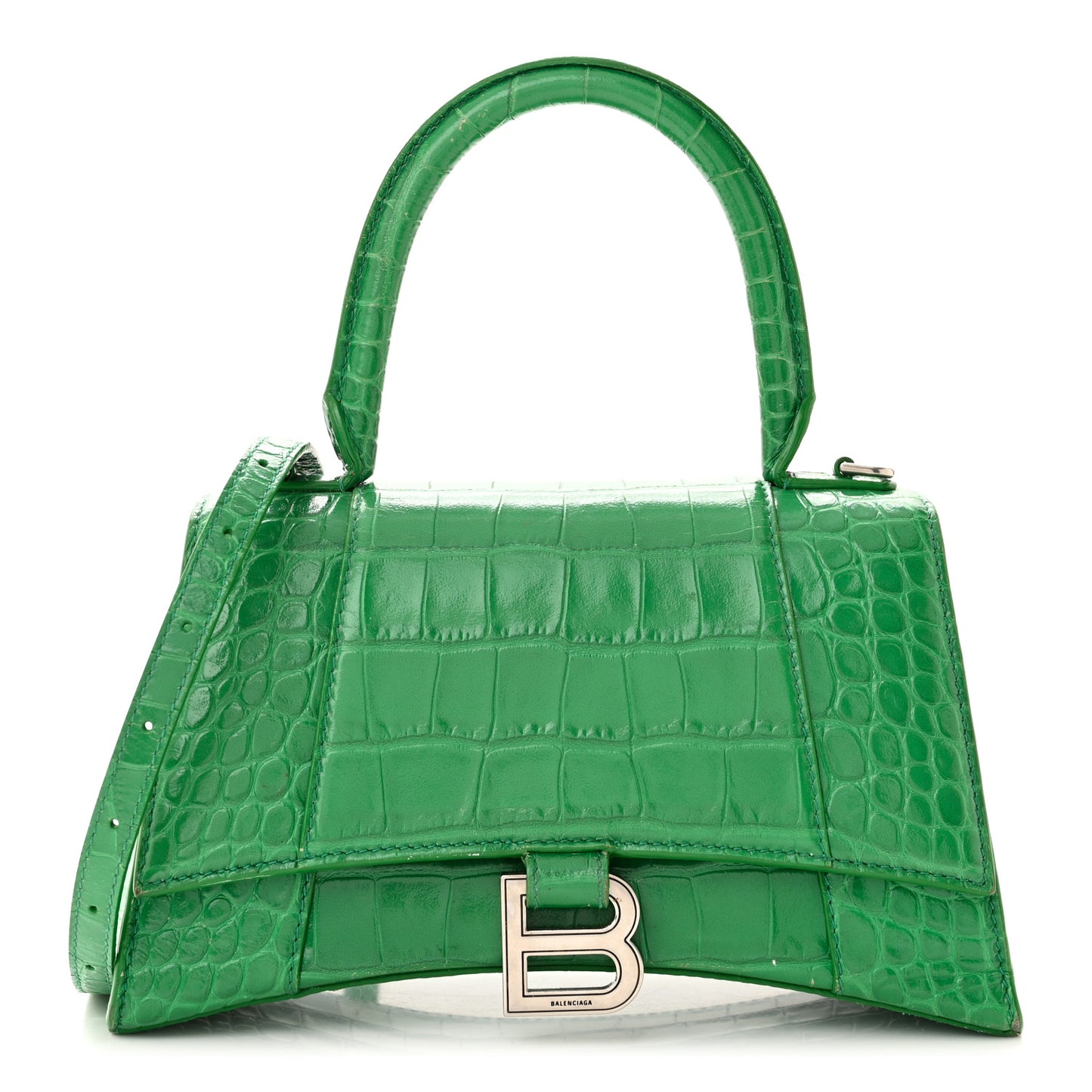 Shiny Calfskin Crocodile Embossed Small Hourglass Top Handle Bag Leaf Green