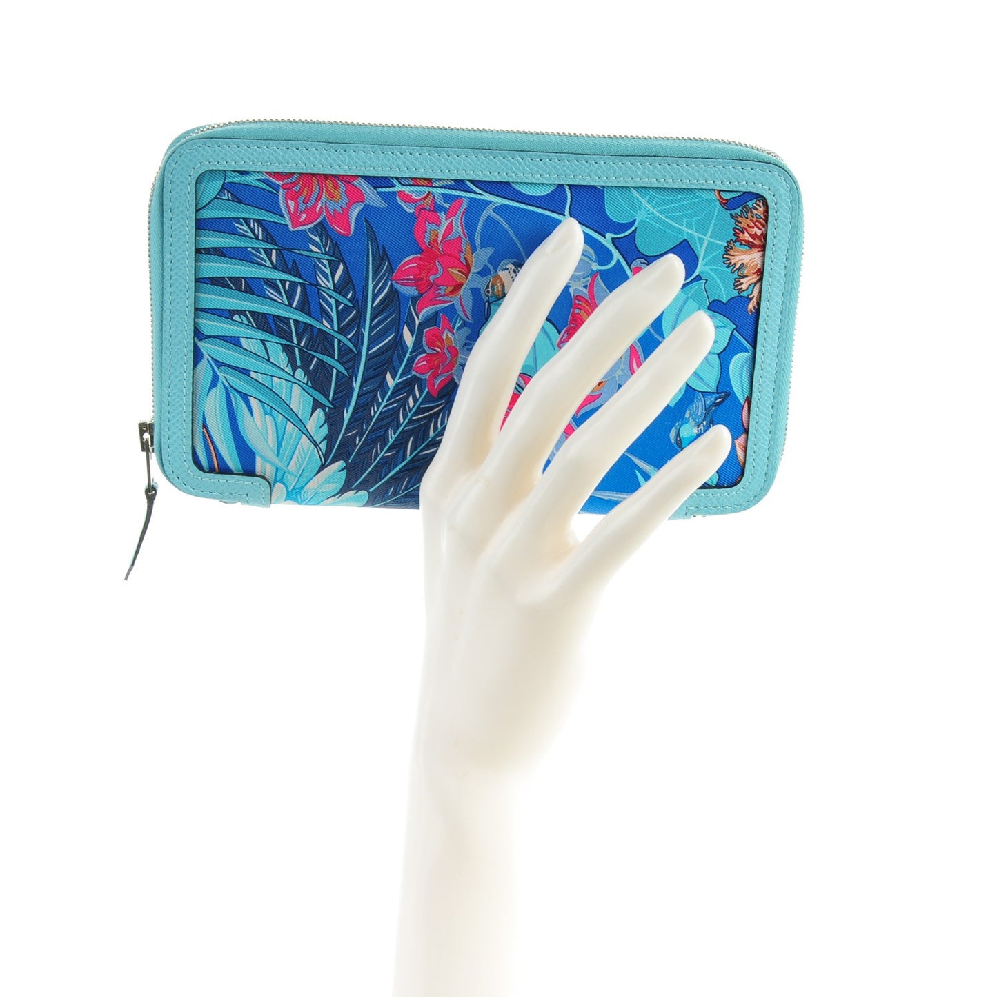 Epsom Printed Silk Flamingo Party Soie-Cool Wallet Mykonos Bleu Atoll