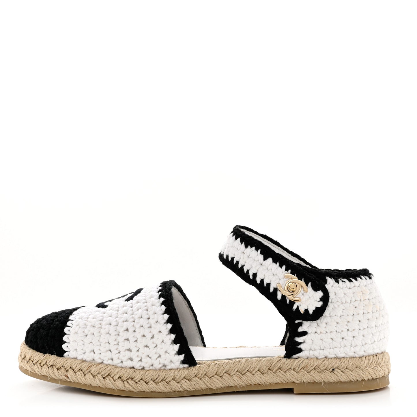 Braided Knit Cap Toe CC Ankle Strap Espadrilles 41 White Black