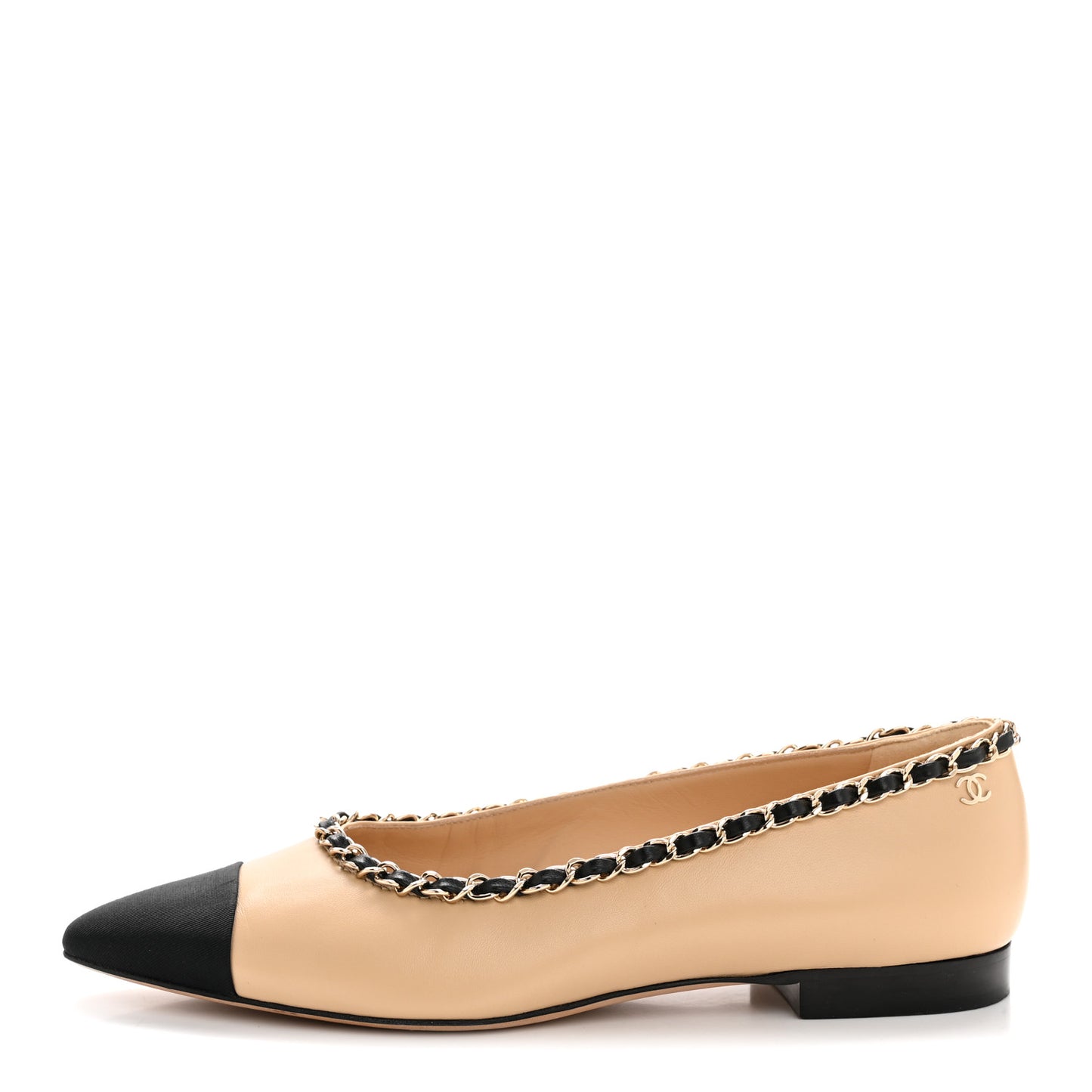 Lambskin Grosgrain Chain Cap Toe Flats 37.5 Beige Black