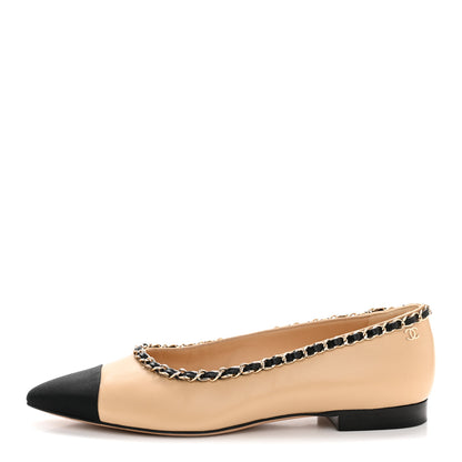 Chanel Lambskin Grosgrain Chain Cap Toe Flats 37.5 Beige Black 1 of 11