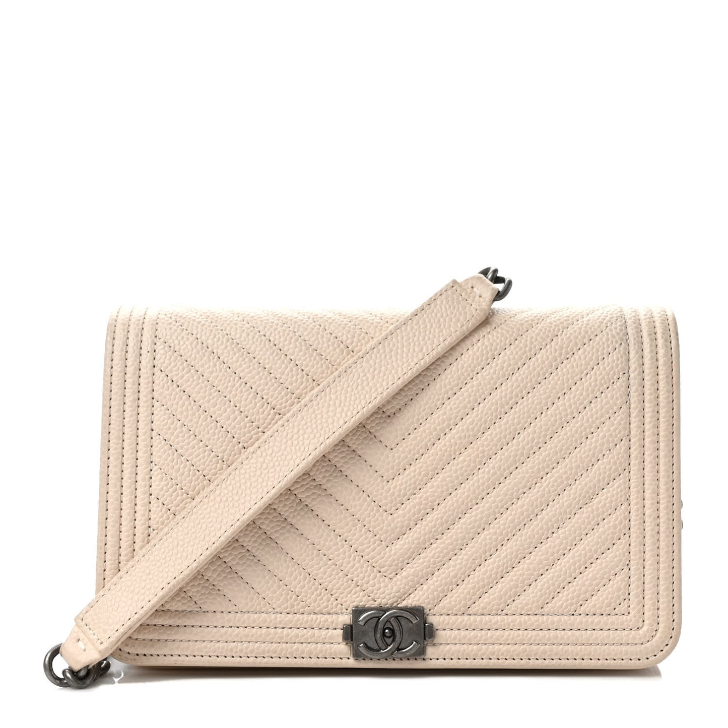 Caviar Chevron Quilted Boy Wallet On Chain WOC Light Beige