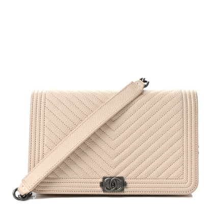 Chanel Caviar Chevron Quilted Boy Wallet On Chain WOC Light Beige 1 of 10