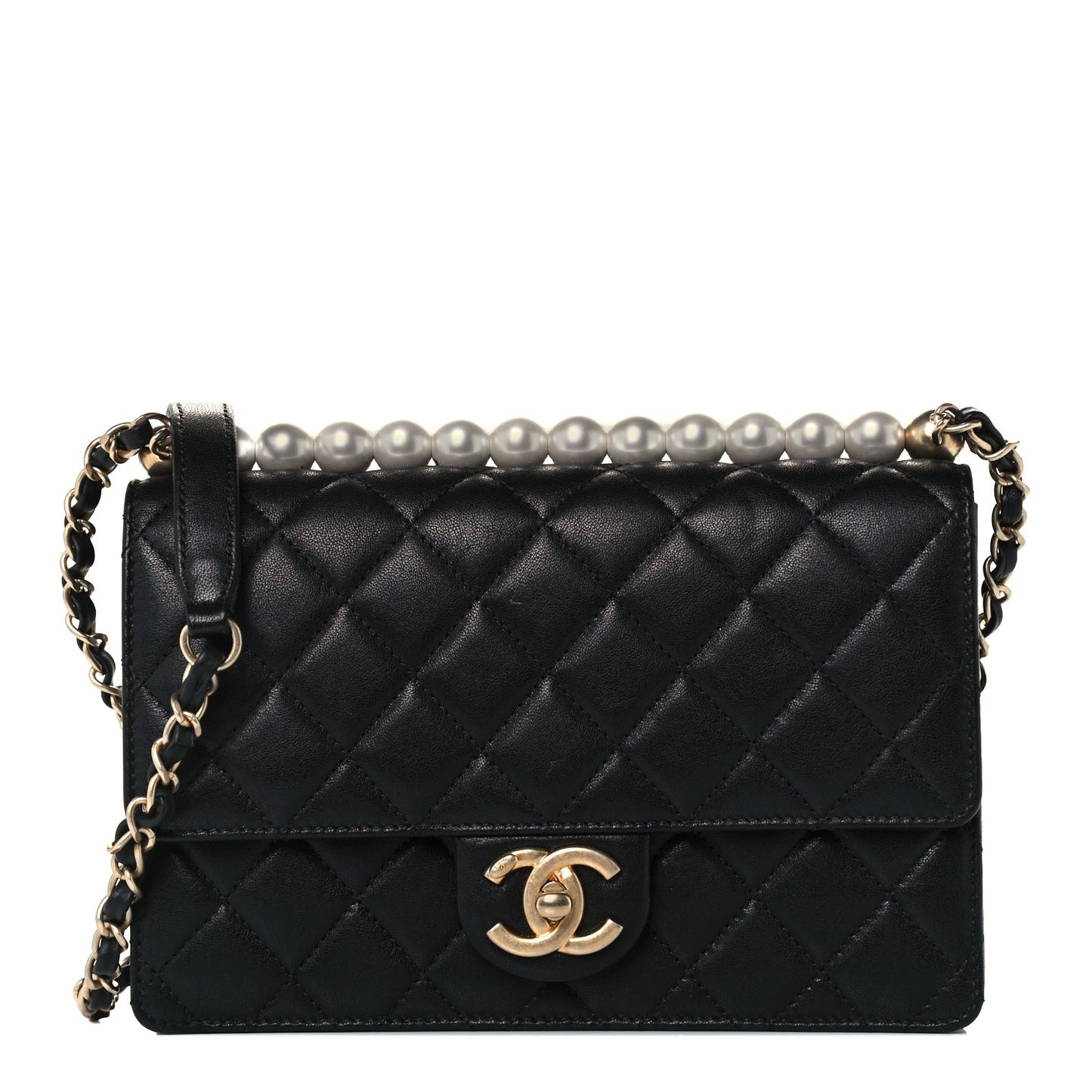 Lambskin Quilted Small Chic Pearls Flap Black
