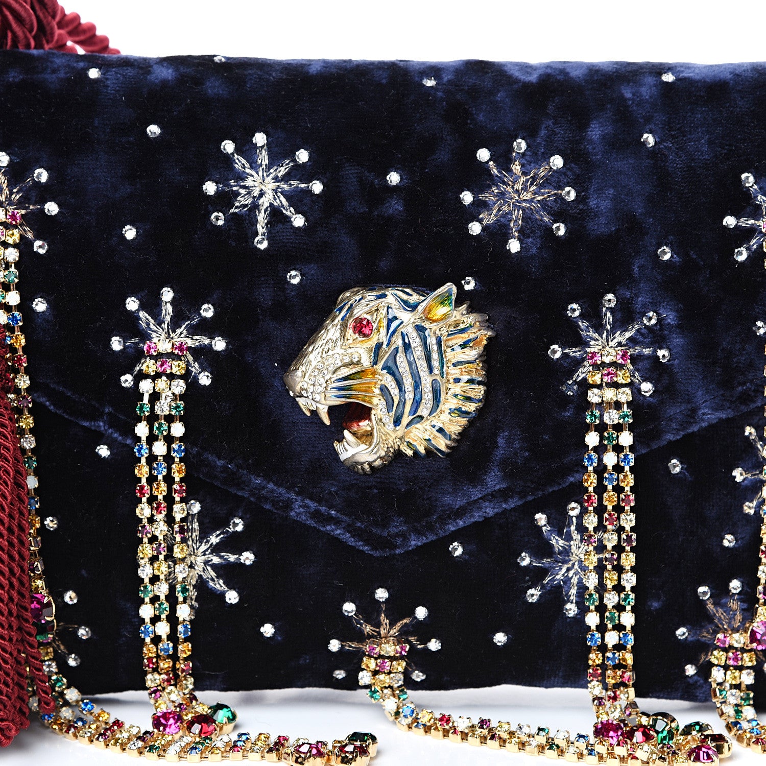 Gucci Velvet Embellished Broadway Rajah Tassel Evening Clutch Royal Blue Multicolor 7 of 10