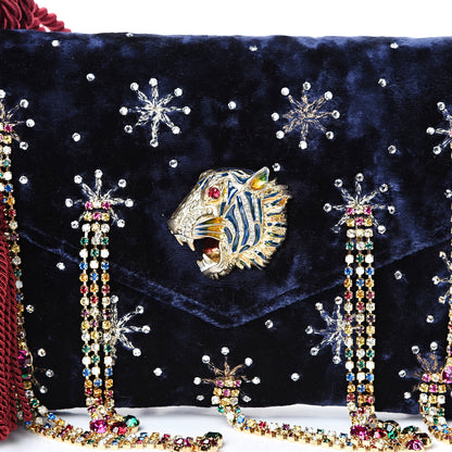 Gucci Velvet Embellished Broadway Rajah Tassel Evening Clutch Royal Blue Multicolor 7 of 10