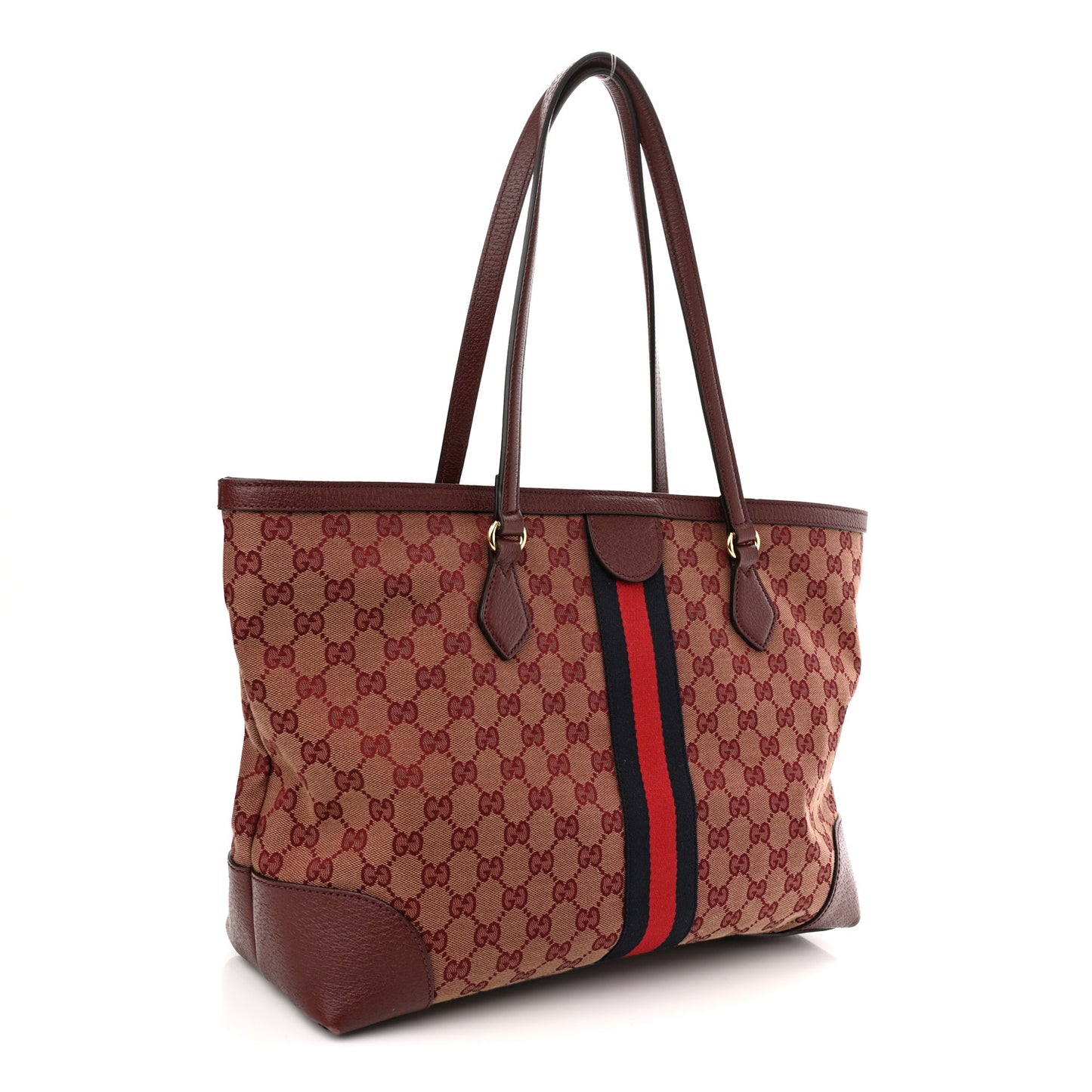 Monogram Textured Dollar Calfskin Web Medium Ophidia Shopping Tote Sahara Rubino Chardonnay
