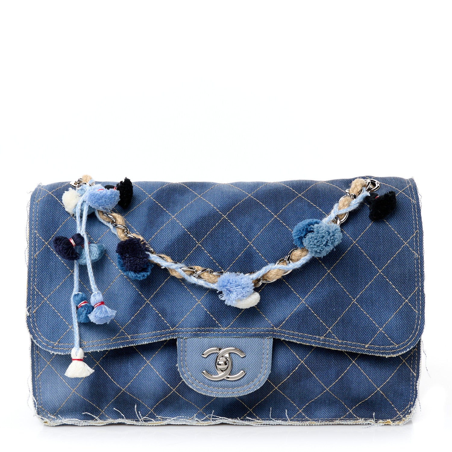 Chanel Denim Quilted Jumbo Pompom Flap Dark Blue 1 of 11