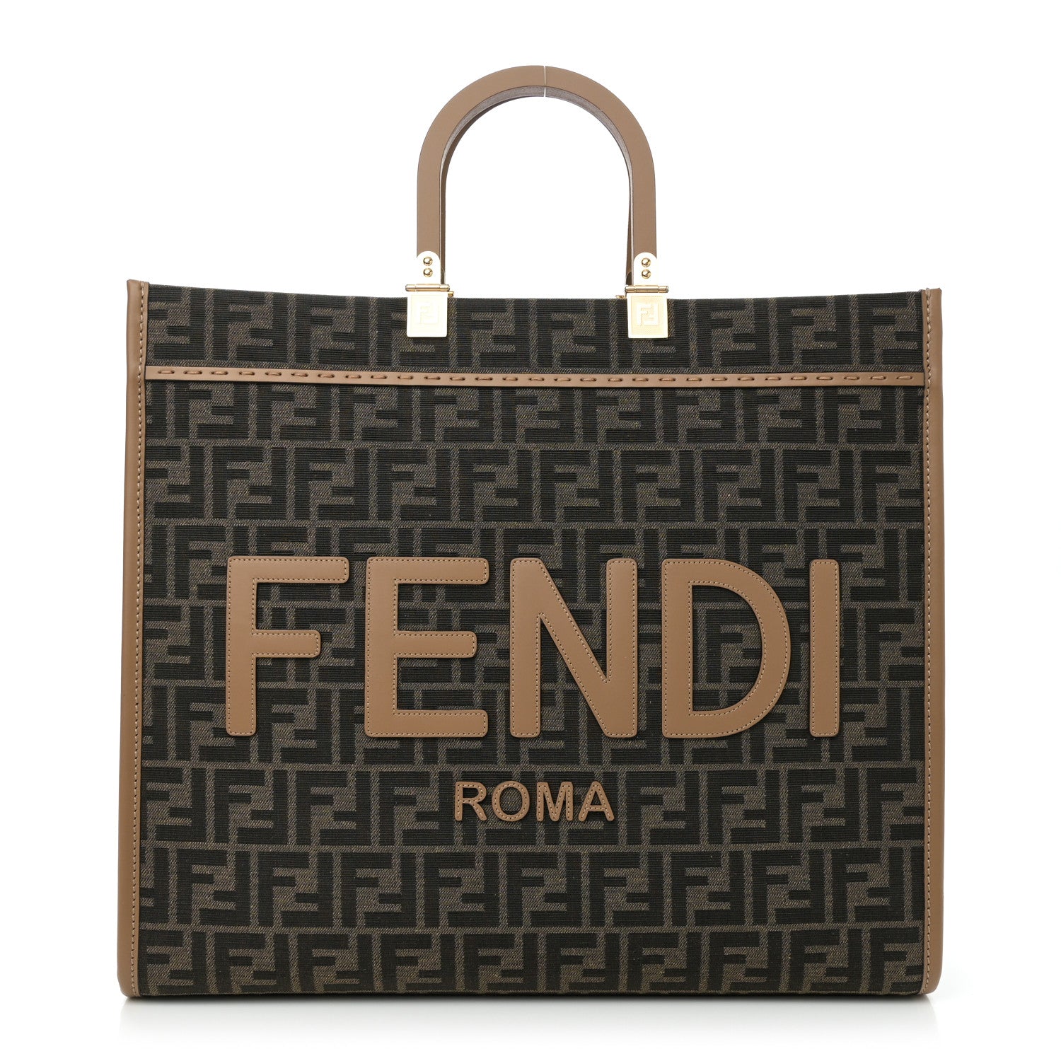 Fendi Fabric Jacquard FF 1974 Logo Large Fendi Sunshine Shopper Tote Tobacco Moro Sand 1 of 10