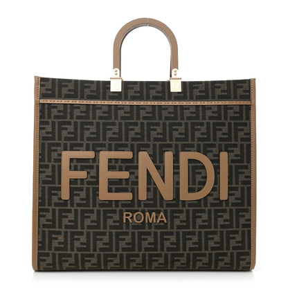 Fendi Fabric Jacquard FF 1974 Logo Large Fendi Sunshine Shopper Tote Tobacco Moro Sand 1 of 10