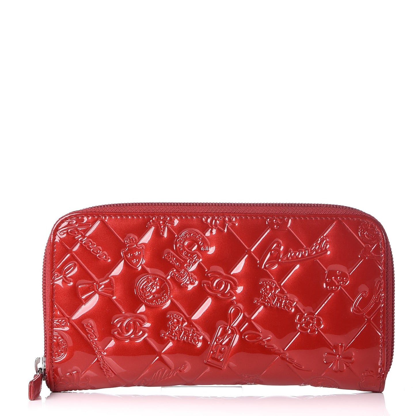 Patent Calfskin Lucky Symbols Zip Around Wallet Red