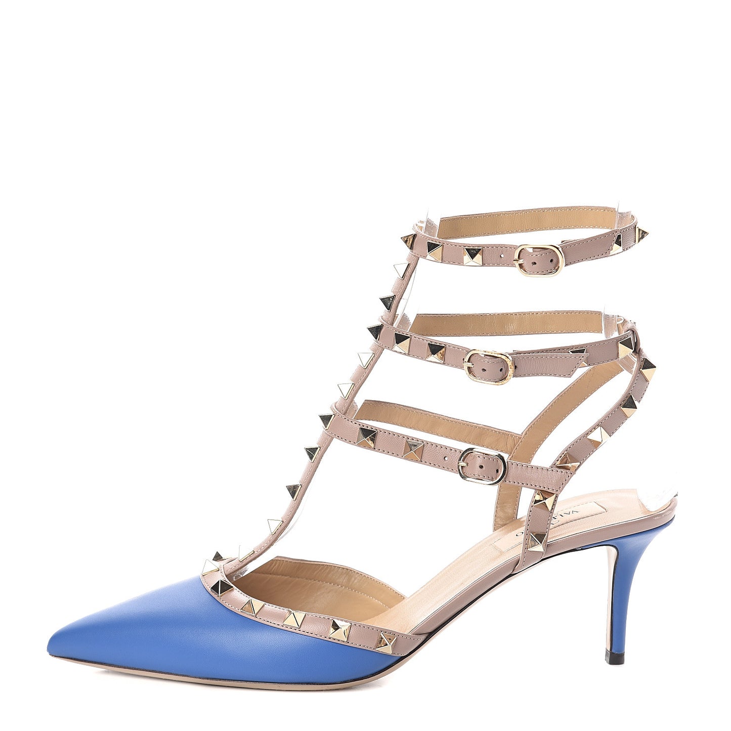 Nappa Rockstud Ankle Strap Low Heel Pumps 41 Blue Poudre
