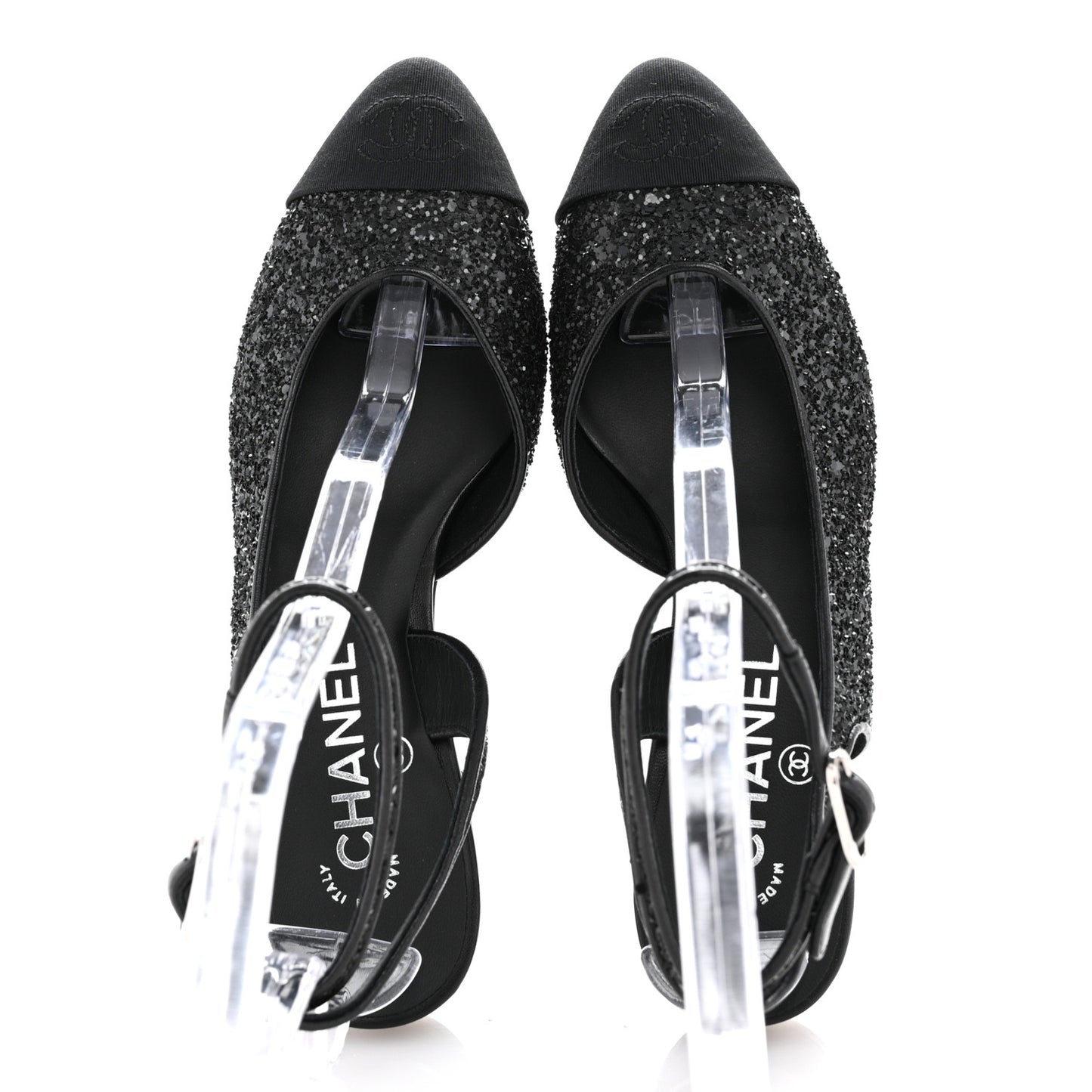 Glitter Grosgrain Cap Toe CC Ankle Wrap Pumps 37 Black