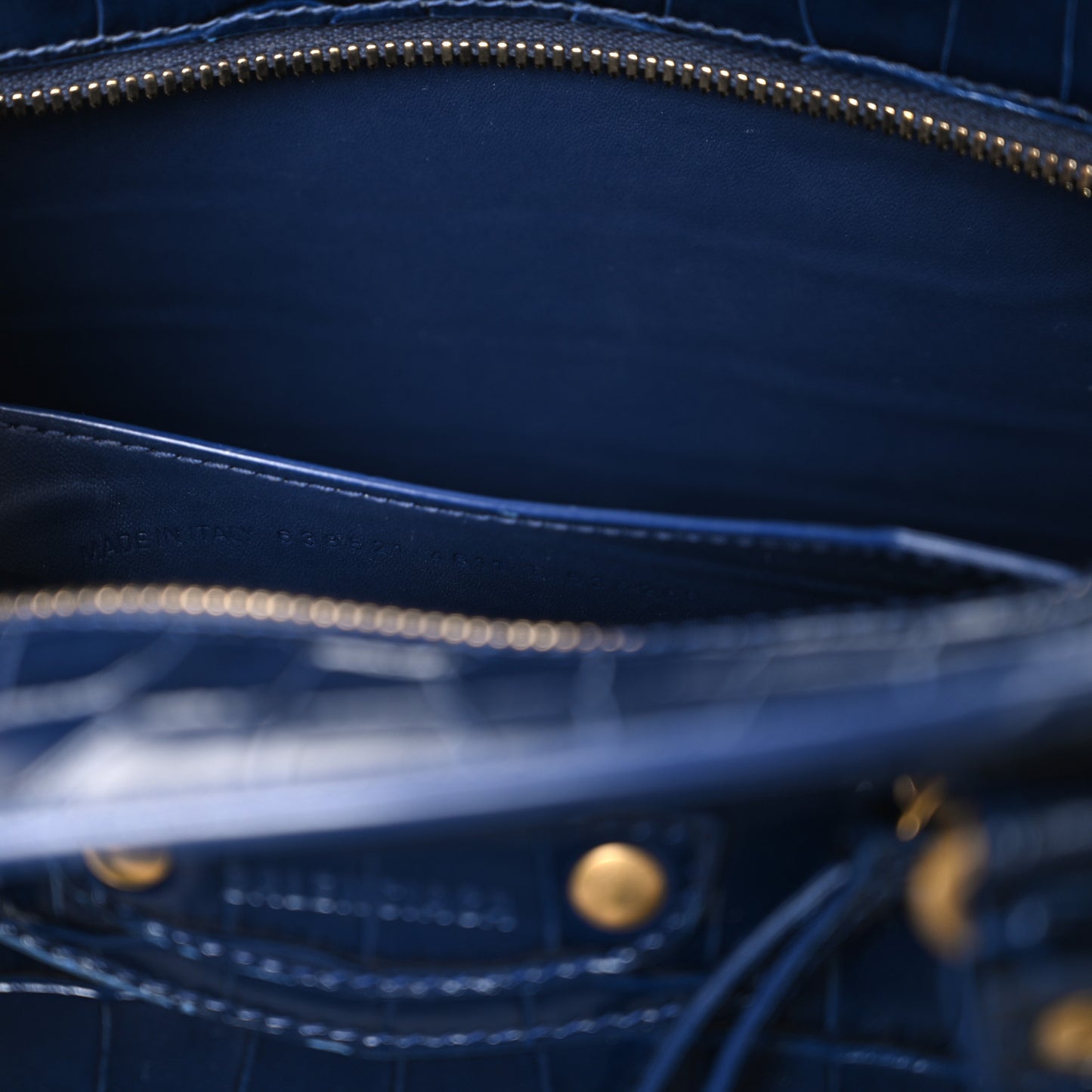 Shiny Supple Calfskin Crocodile Embossed Neo Classic Gold Hardware S City Navy