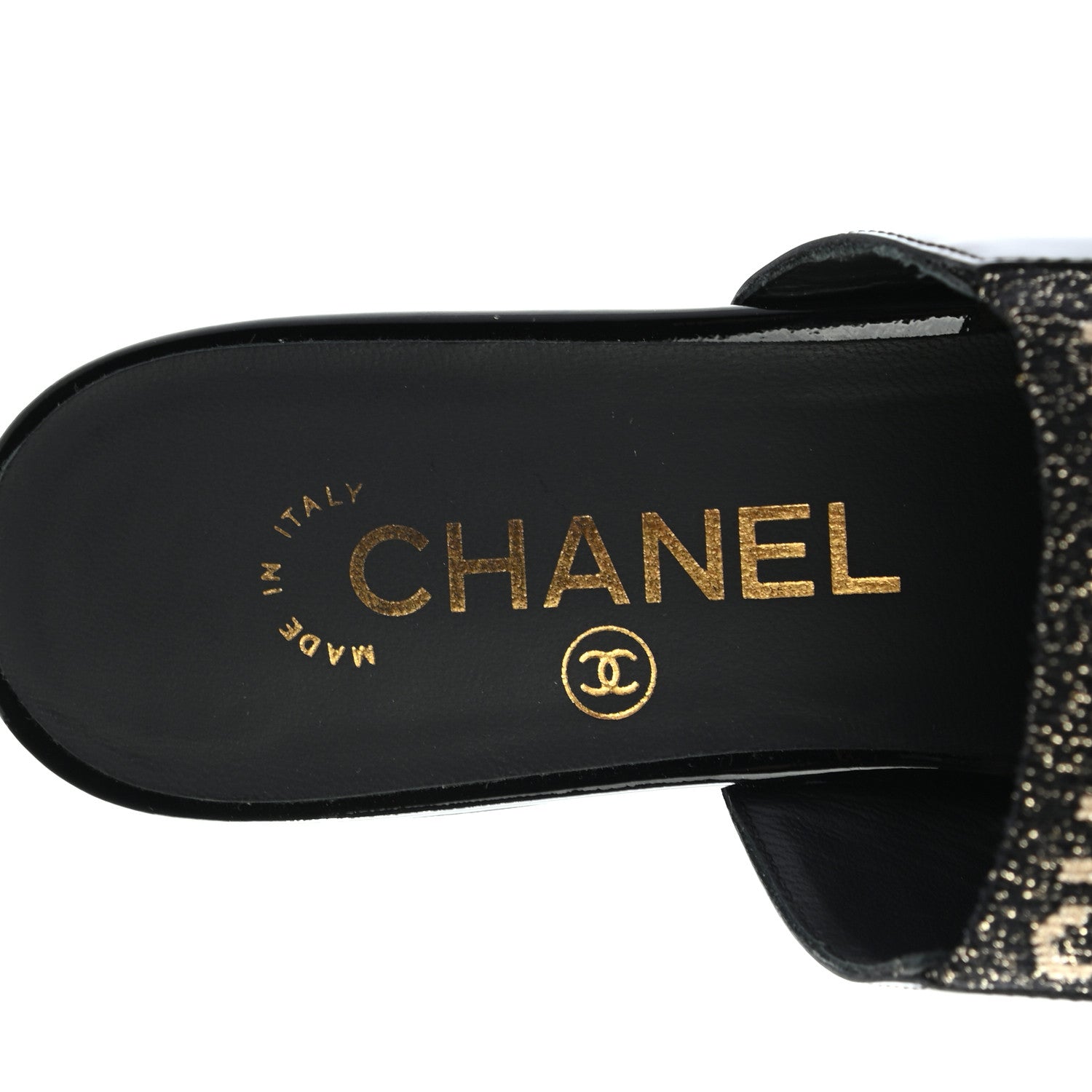 Chanel Fabric Patent Calfskin Mules 36.5 Black Gold 7 of 8
