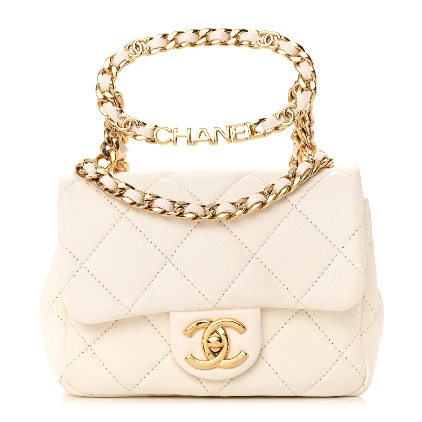Lambskin Quilted Logo Mini Flap With Handle White