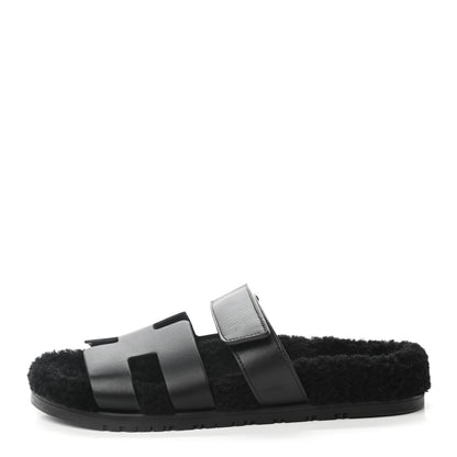 Hermes Calfskin Woolskin Womens Chypre Sandals 40 Black 1 of 9