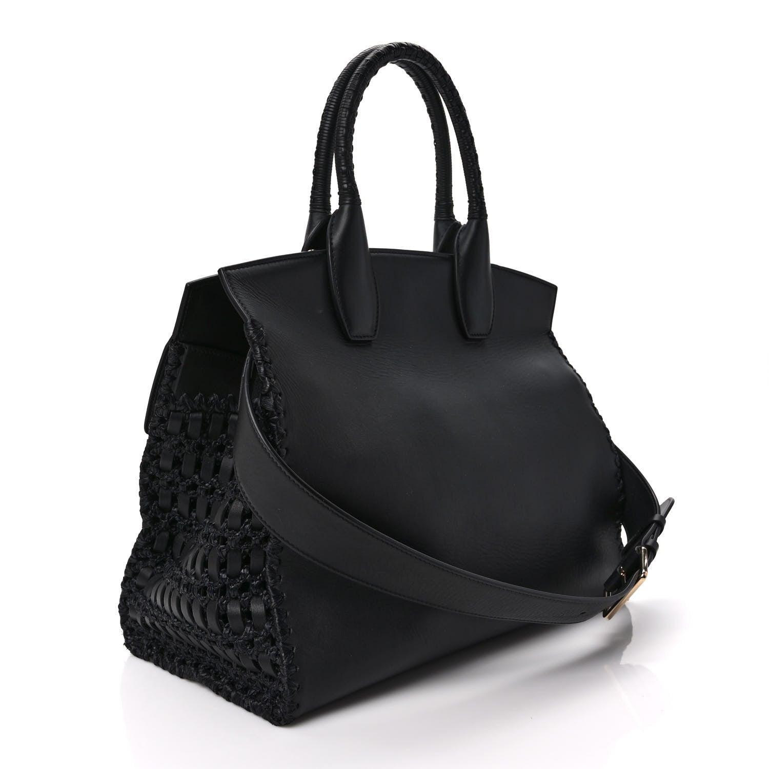 Salvatore Ferragamo Calfskin Woven Small Studio Top Handle Bag Black 4 of 11