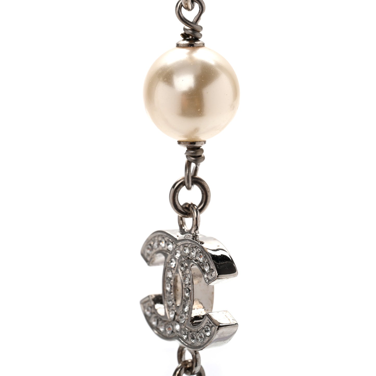 Graduated Pearl Crystal CC Long Necklace Silver