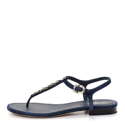 Chanel Suede Calfskin Thong Sandals 38.5 Navy Blue 1 of 10