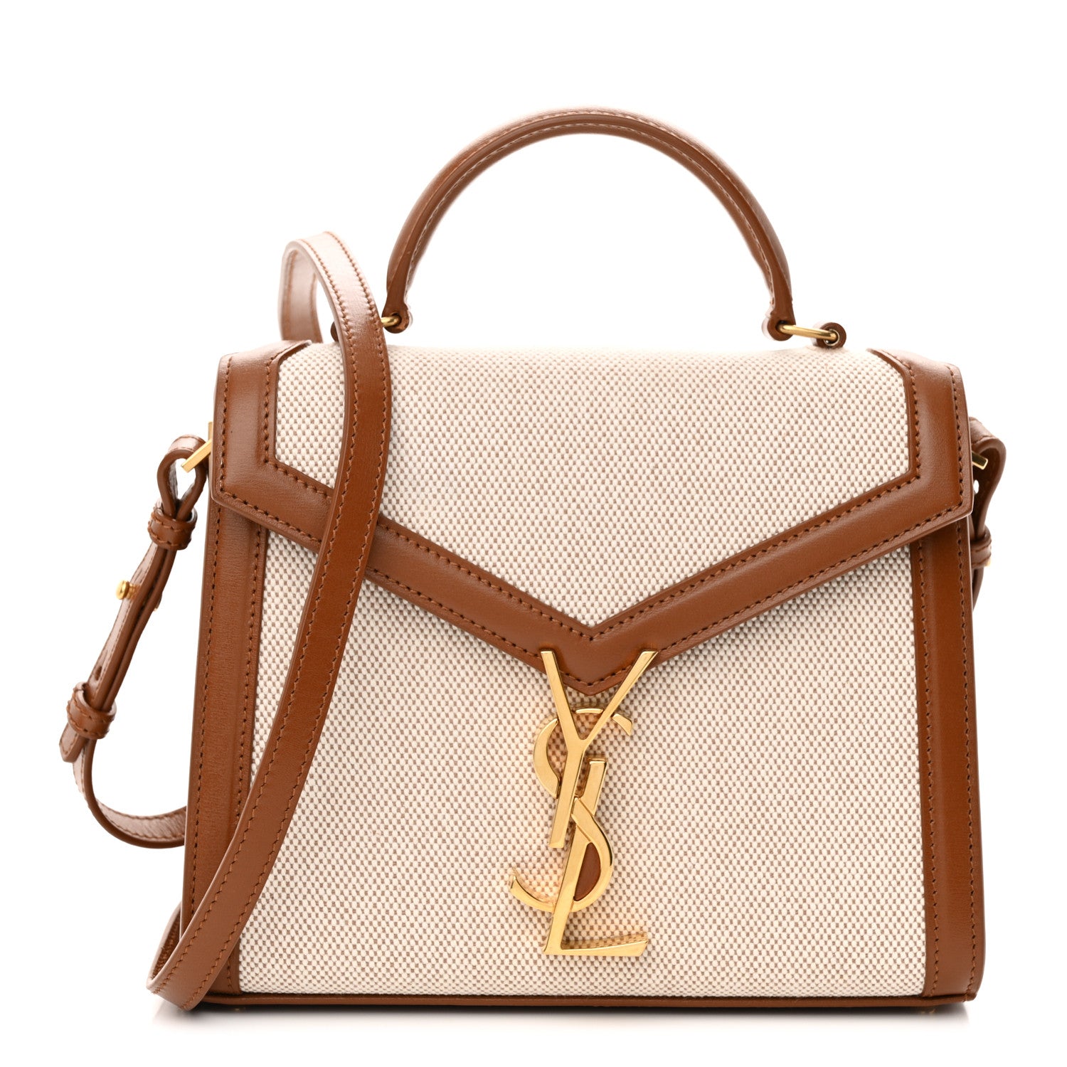 Saint Laurent Canvas Calfskin Mini Classic Monogram Cassandra Top Handle Tan Natural 1 of 11
