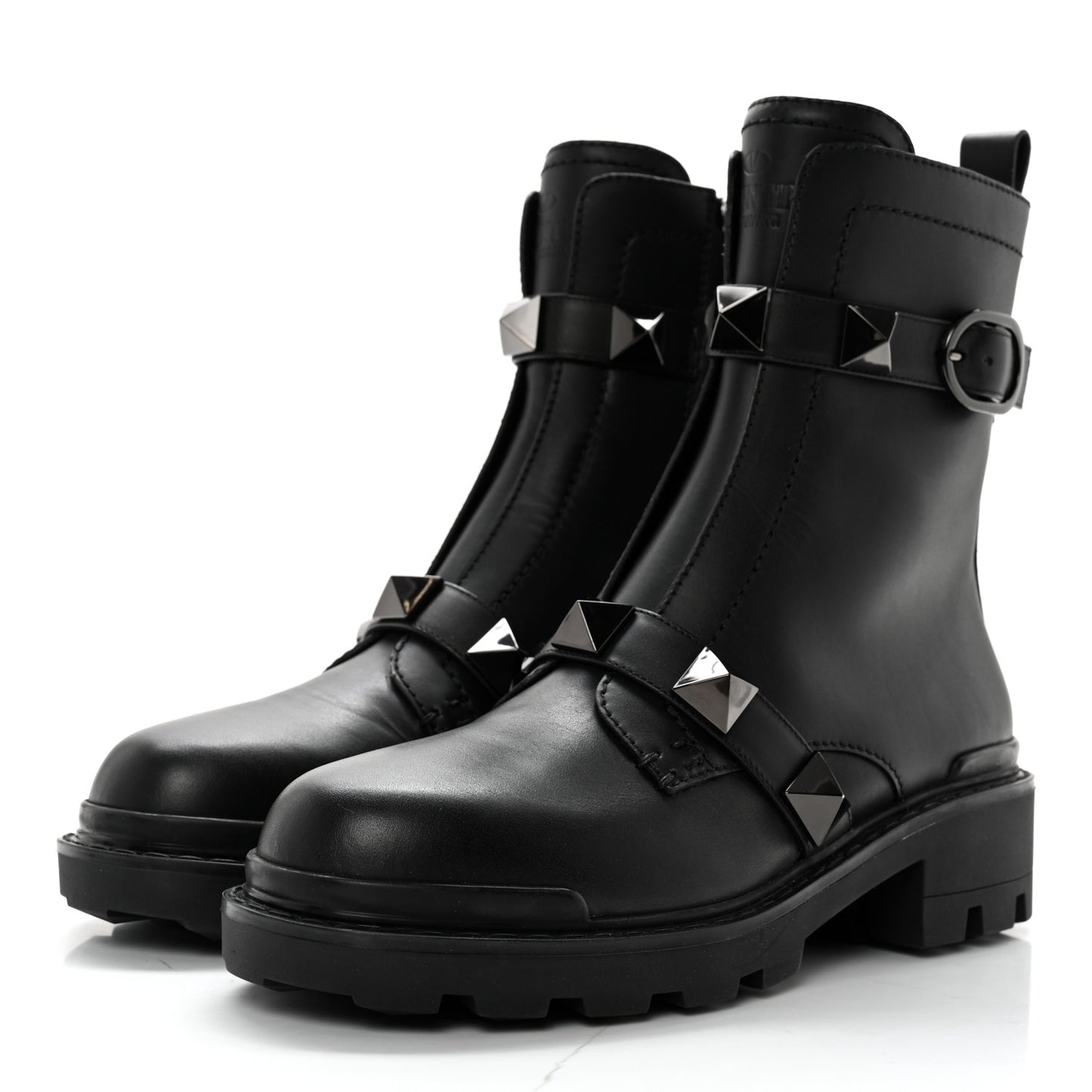 Calfskin Tonal Roman Stud 20/40mm Combat Boots 38 Black